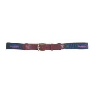 Leather Man LTD Essex CT Belt Men’s 30 Tan Canvas Navy Fish Brown Leather USA